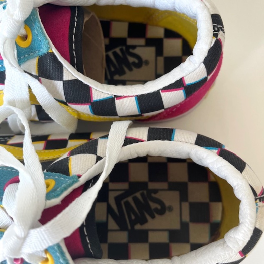 Vans. Blue, Yellow & Magenta Black & White Checker Old School Sneakers - Picture 4 of 7